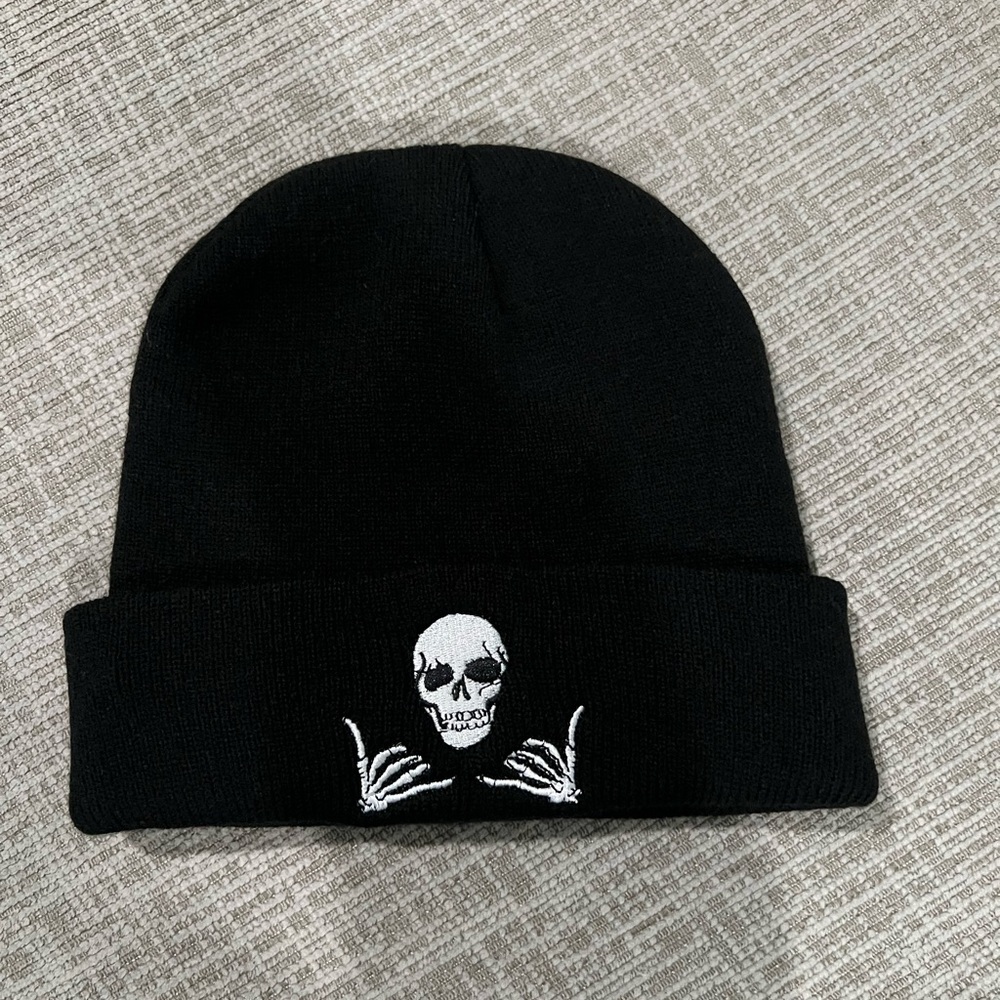 Black Skull with Hands Embroidered Beanie